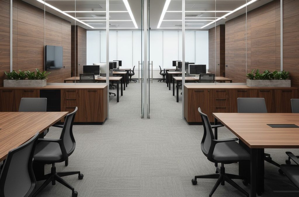 service-1 An office with multiple desks and chairs, separated by glass walls. There are approximately 10 desks, flanked by wall-to-w...