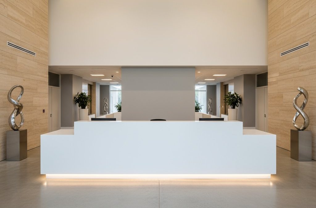 service-1 A minimalist office reception area with a spacious front desk featuring lights, flanked by tan stone walls and sleek metal...